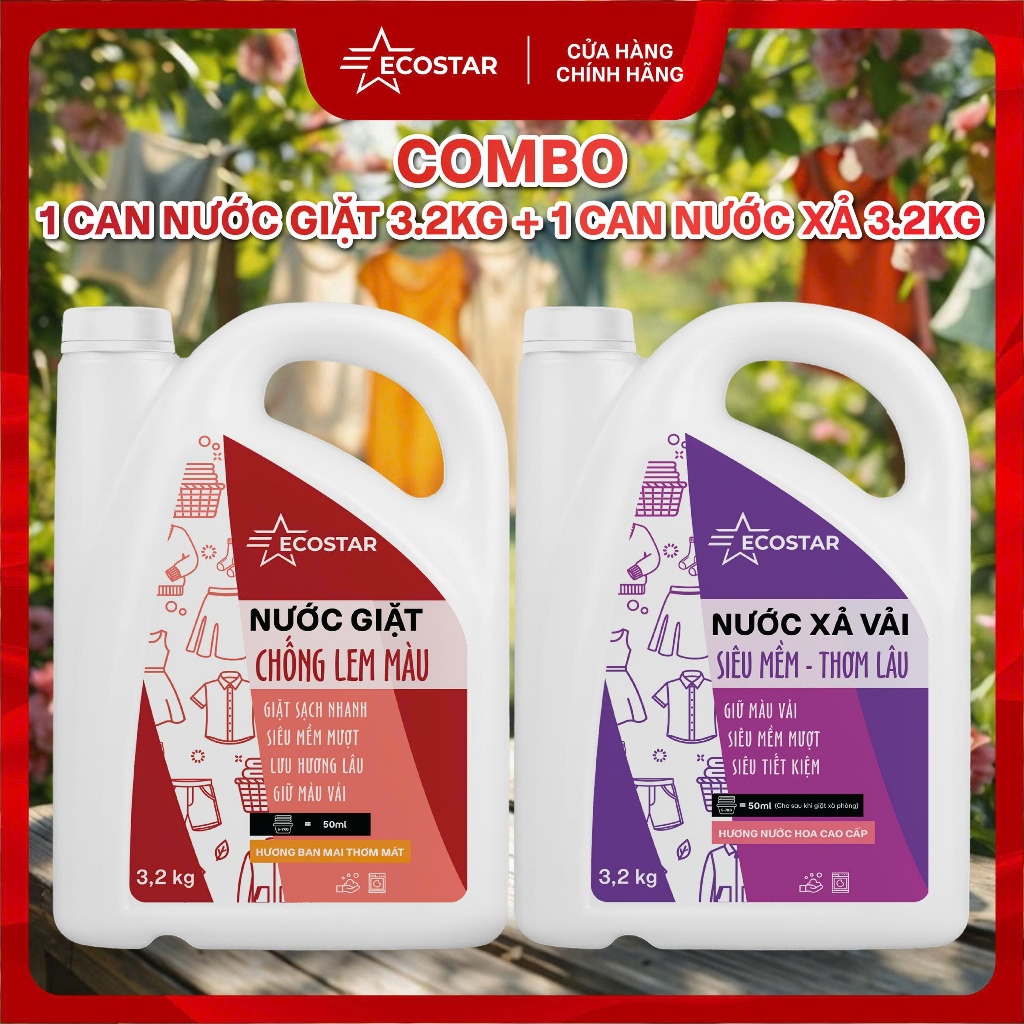 Combo: Nước Giặt Chống Lem Màu, Nước Xả Mềm Thơm Ecostar, Giặt sạch, Thơm hương lâu