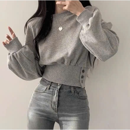 Áo nỉ sweater nữ thiết kế cổ tròn dài tay áo kiểu nữ phối cúc dáng croptop siêu xinh chất da cá cao cấp A147 PANOSI | BigBuy360 - bigbuy360.vn
