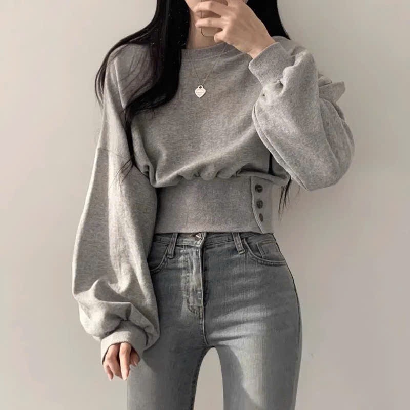 Áo nỉ sweater nữ thiết kế cổ tròn dài tay áo kiểu nữ phối cúc dáng croptop siêu xinh chất da cá cao cấp A147 PANOSI | BigBuy360 - bigbuy360.vn