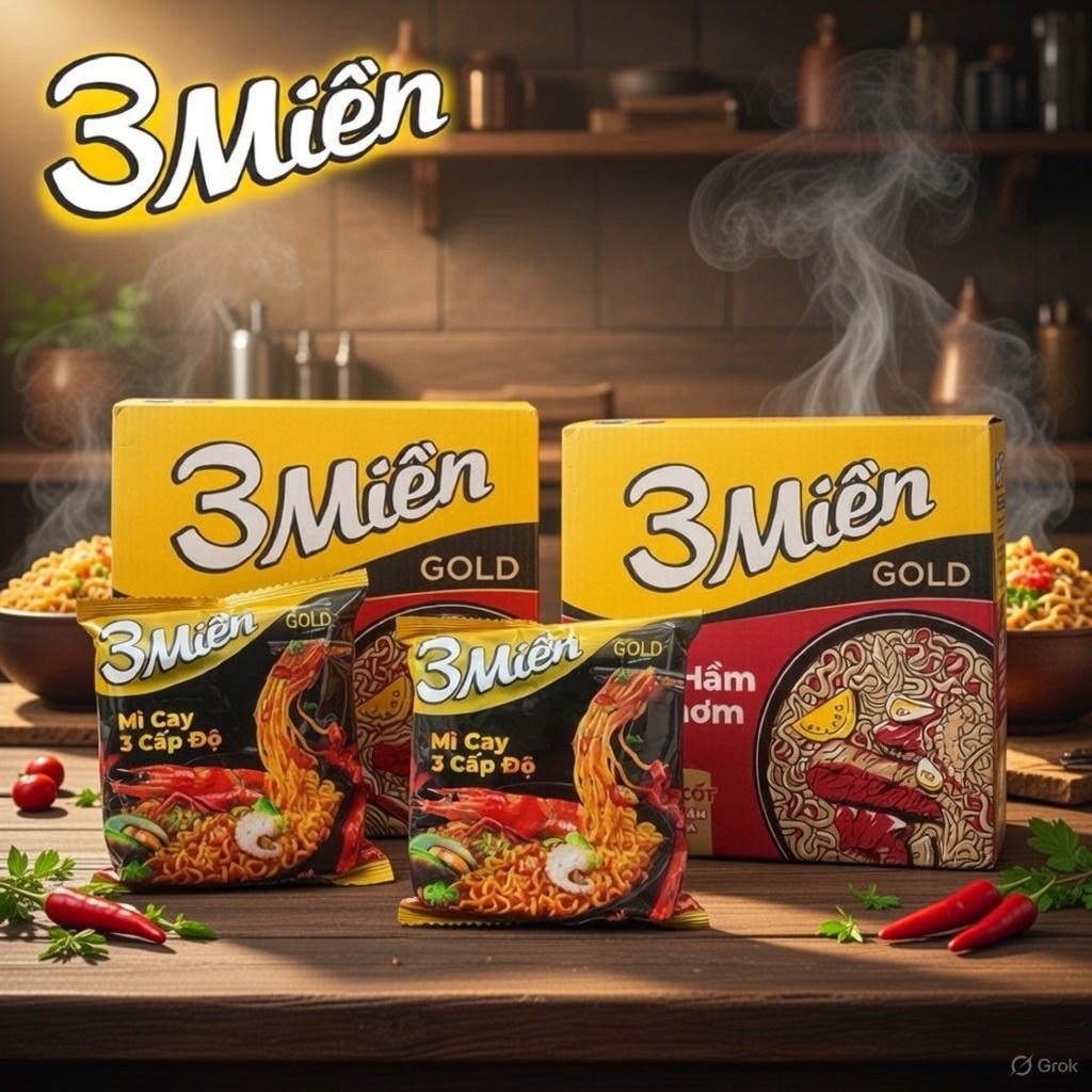 Mì tôm 3 Miền tôm chua cay Gold thùng 30 gói 75g - mì ăn liền