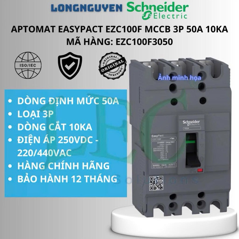 Aptomat khối MCCB Schneider Easypact EZC100F3050 3P 50A 10kA chính hãng