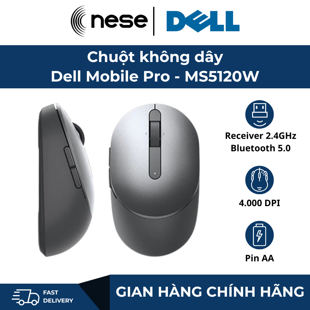 Chuột không dây Dell Mobile Pro - MS5120W- Màu xám- Hàng chính hãng