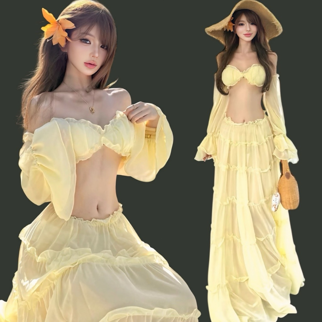 614 - Set 3 Món Áo Tay Phồng + Chân Váy Dài Bikini Đi Biển