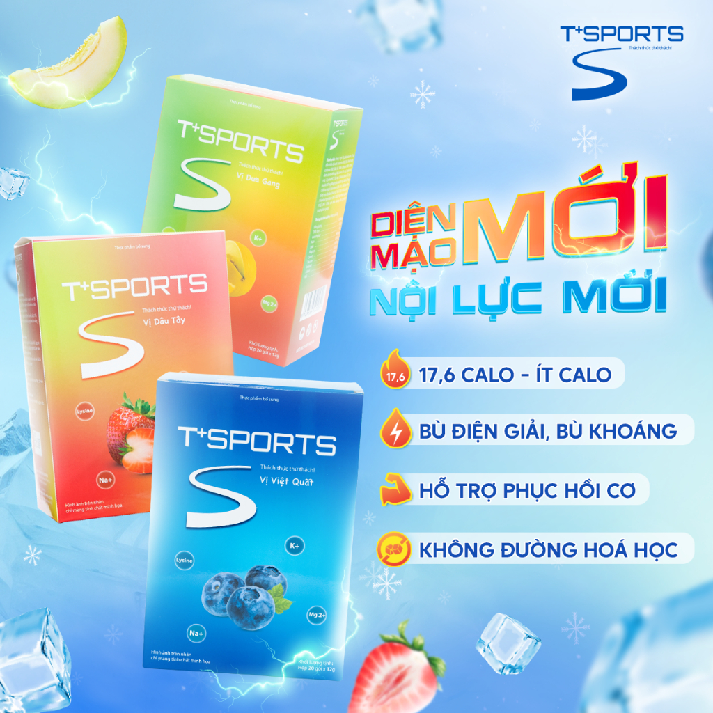 Bột điện giải thể thao T+SPORTS Ít Calo bù điện giải, bù nước, tăng sức bền & năng suất khi chơi thể