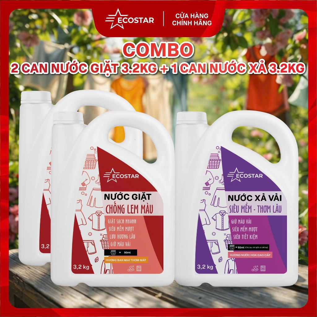 Combo: 2 Can Nước Giặt Chống Lem Màu Ecostar 3,2kg, Can Nước Xả Siêu Mềm Thơm Lâu 3,2kg