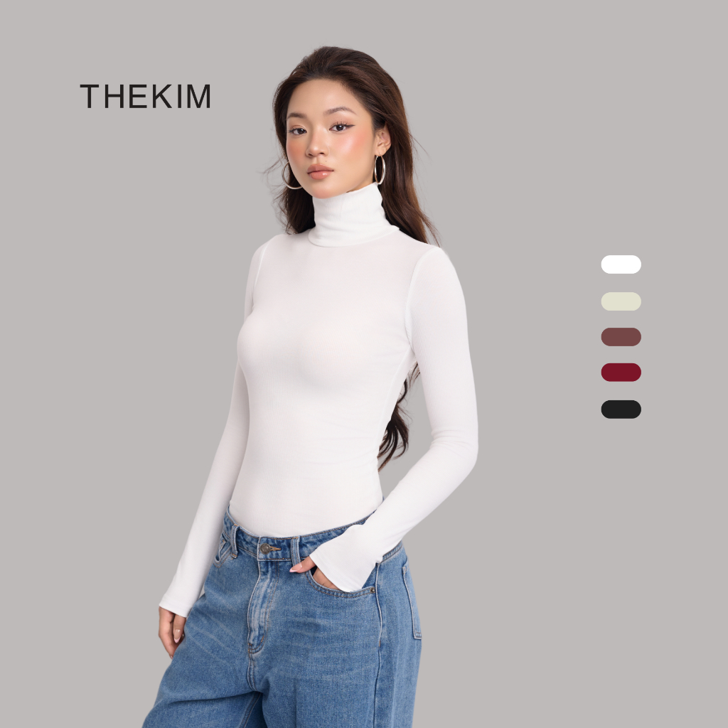 THEKIM Áo thun tăm len giữ nhiệt cổ 9 phân dài tay nhiều màu , chất thun tăm lót lông áo len tăm cổ cao  tay dài  AD132