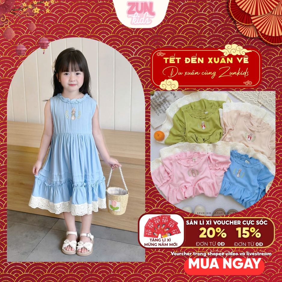 Đầm Bé Gái Thêu Hình Thỏ AZD533 – Váy Lolita Vintage Phối Ren, Chất Linen Lụa Mềm Mịn Dễ Thương