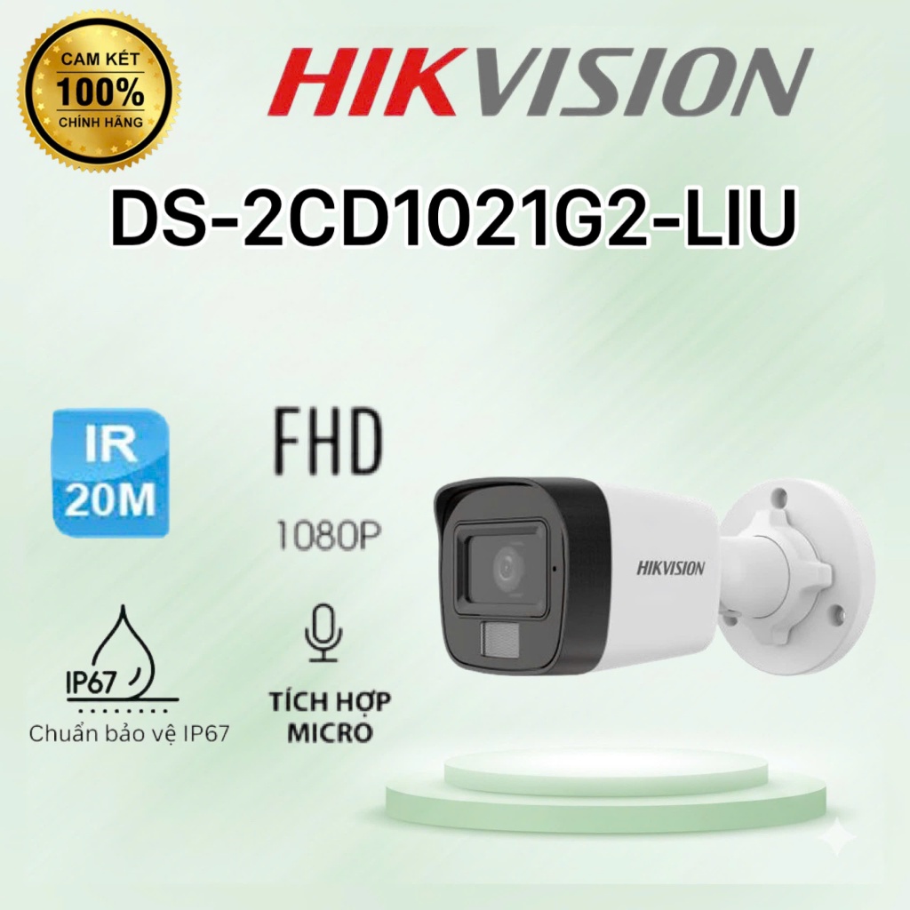 Camera IP 2MP thân trụ HIKVISION DS-2CD1021G2-LIU - CÓ MÀU, CÓ MIC