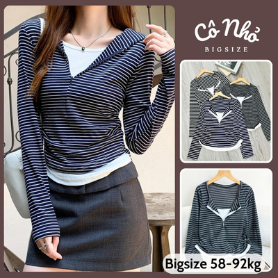 Áo Thun Kiểu Bigsize Nữ Áo Ôm Body Tay Dài Cổ V Khóa Kéo Basic Màu Kẻ Sọc Cho Chubby A340