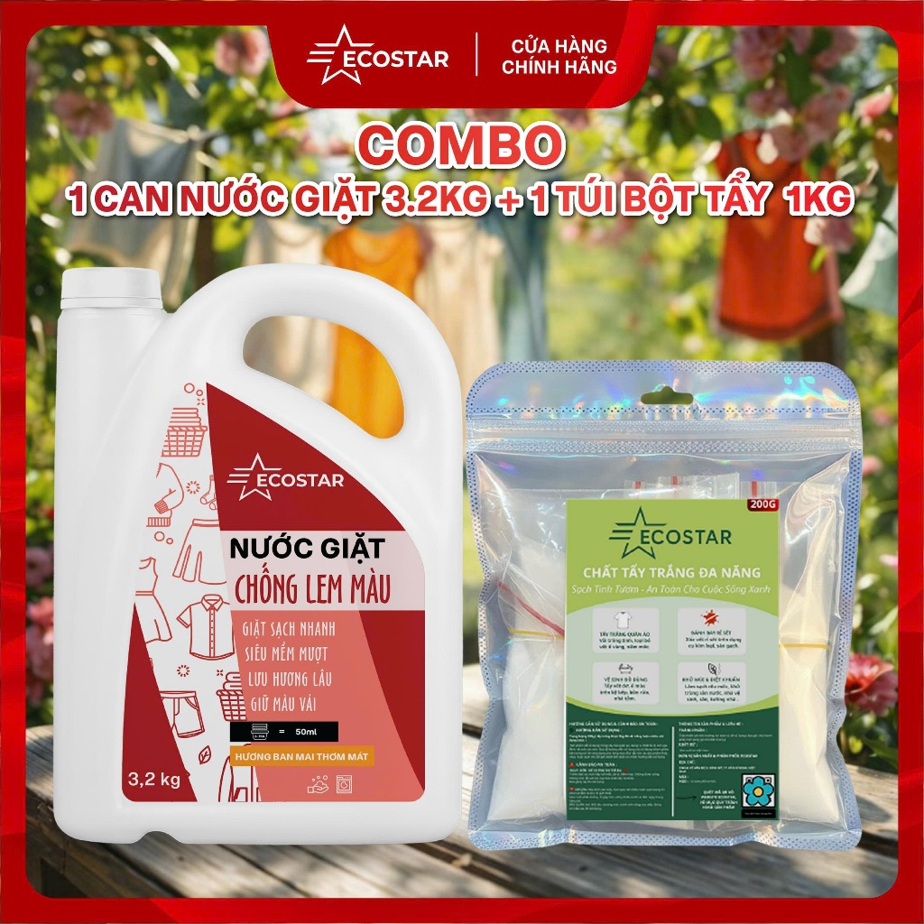 Combo: Bột tẩy đa năng Ecostar 1kg, kèm, Nước giặt chống lem màu Ecostar, Tẩy trắng vết bẩn ố vàng