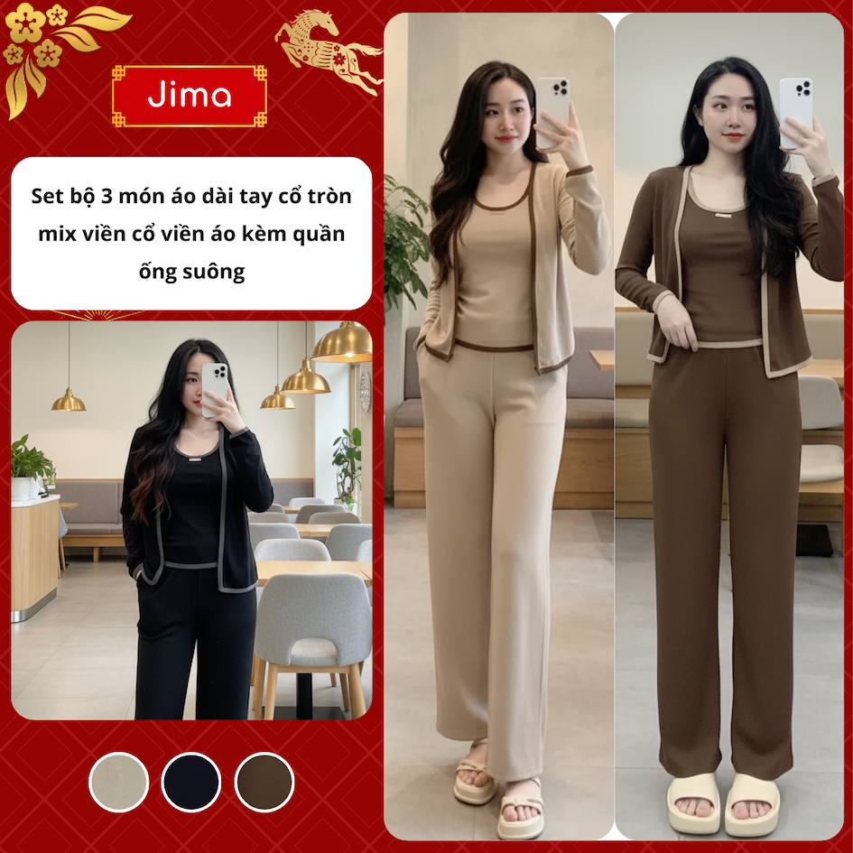 (Có Lẻ ÁO) Set bộ 3 món áo dài tay cổ tròn mix viền cổ viền áo kèm quần suông chất Len Thỏ Jima 161