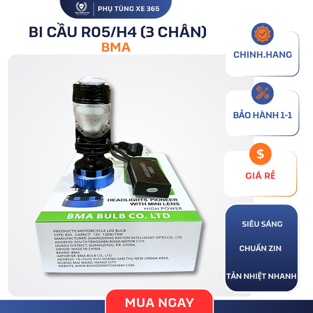 Đèn Pha Led Bi Cầu Chân H4 R05 BMA 120W – Dùng Được Điện Máy AC 9V-36V Cho Xe Máy, Ô Tô