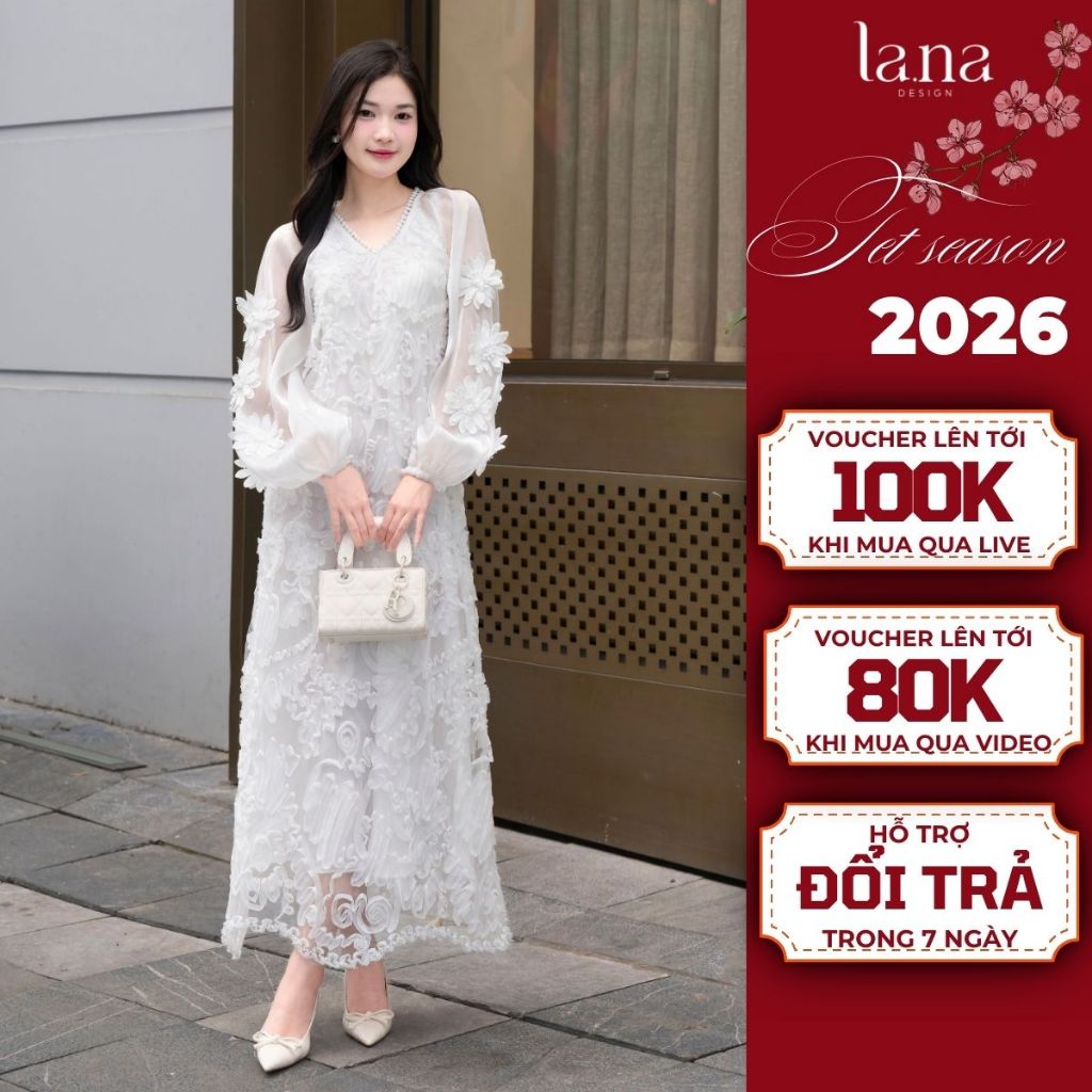 Đầm váy Nữ tiểu thư thiết kế cao cấp La.Na bánh bèo dài tay màu trắng họa tiết hoa chất liệu ren phố