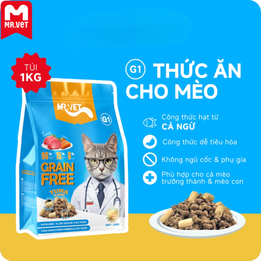 Hạt Mr.Vet G1 1kg Cho Mèo - Hạt Grain Free Vị Cá Ngừ, Có Topping Thịt Sấy - Không Độn Đạm Giả
