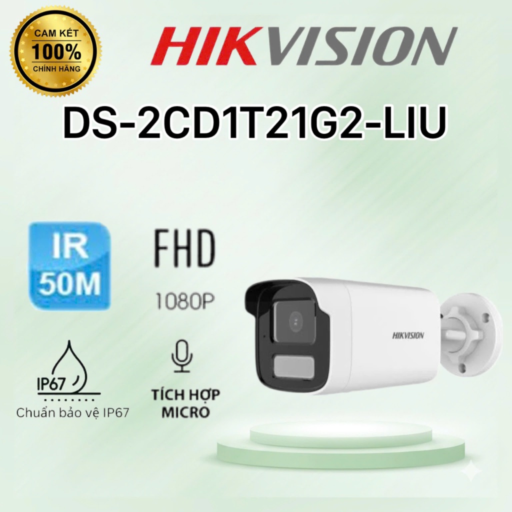 Camera IP 2MP thân trụ hồng ngoại 50m HIKVISION DS-2CD1T21G2-LIU - ĐÈN KÉP CÓ MÀU, CÓ MIC