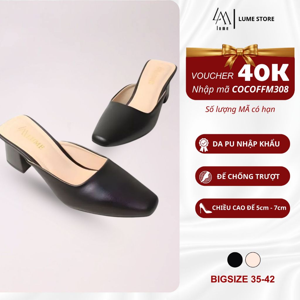 Giày Sục Nữ Trơn Mũi Vuông Màu Đen Lume 21 Da PU cao cấp, đế cao su chống trơn trượt cao 3cm - 5cm (