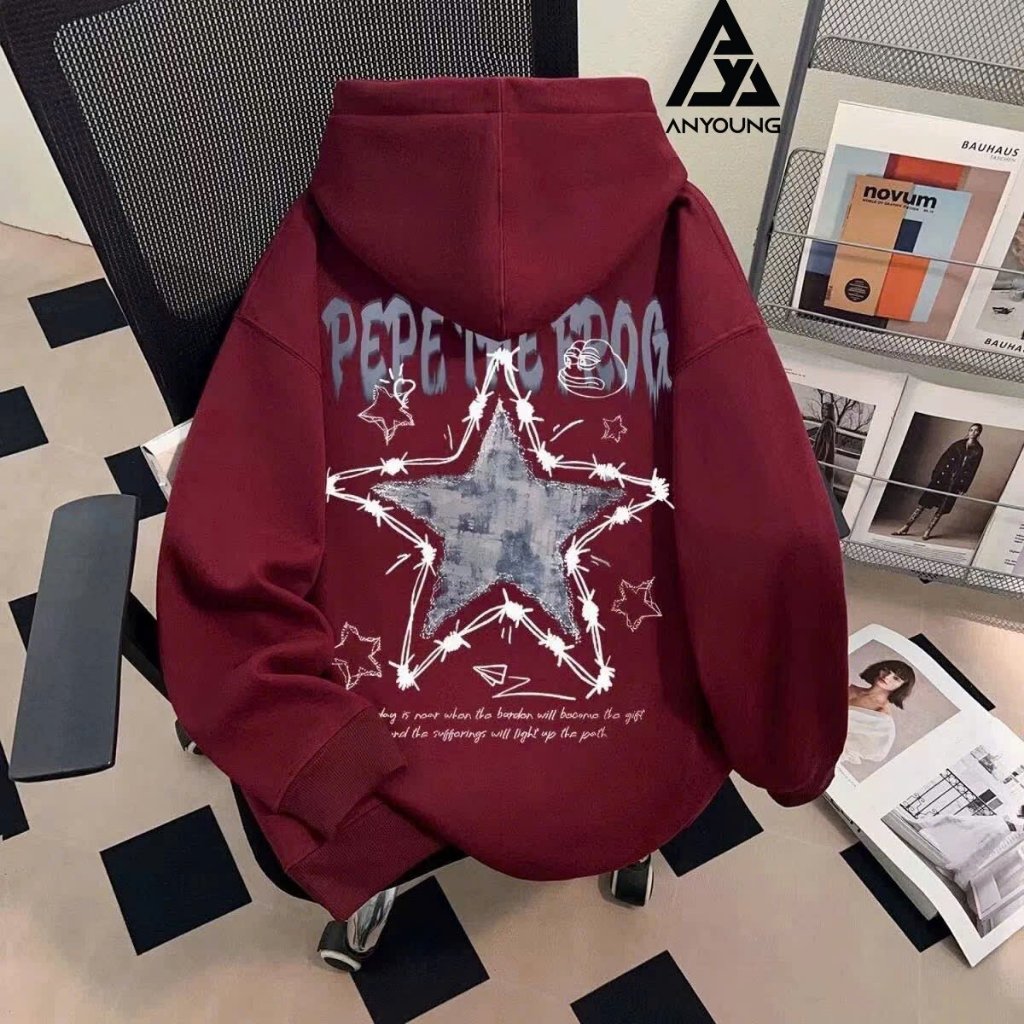 [Vải đẹp] ANYOUNG Hoodie nỉ form rộng unisex In sao & chữ cá tính AN676