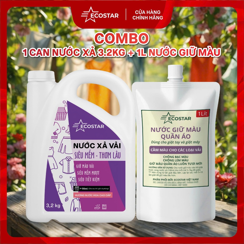 Combo: Nước Xả Vải Siêu Mềm Thơm Lâu Ecostar 3,2kg, Nước Giữ Màu Chống Phai Ecostar 1L