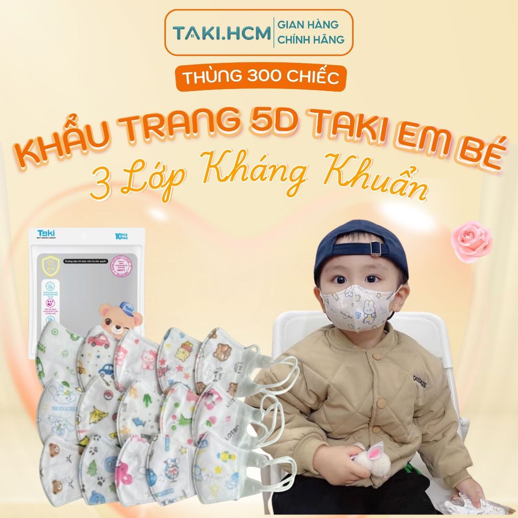 [ Combo 300 chiếc ] Khẩu trang 5d Taki bé, khẩu trang chống tia uv  3 lớp lọc mịn 2.5PM, dày dặn, thoáng khí
