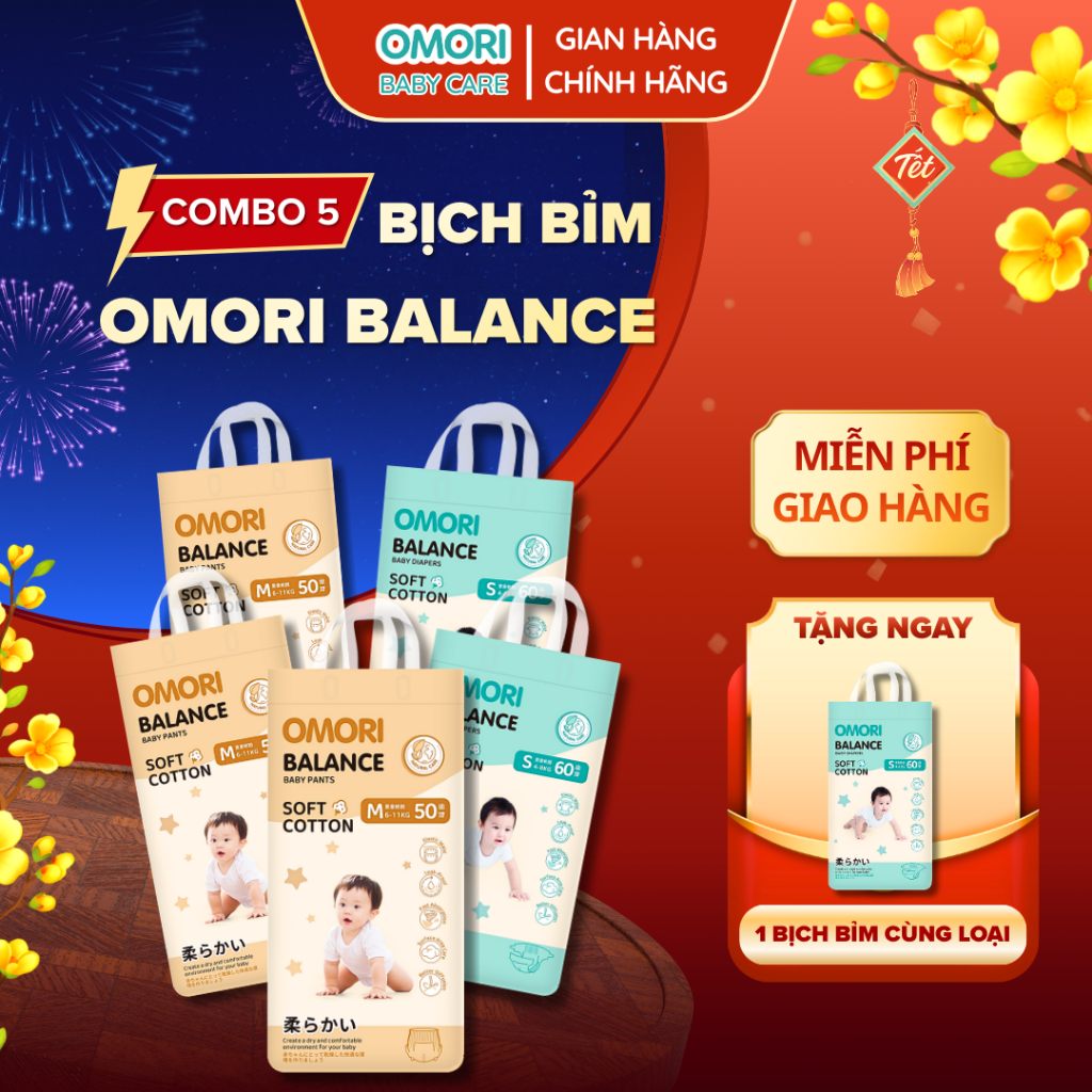 [Mua 5 Tặng 1] Combo 5 Bịch Tã/Bỉm Dán, Quần OMORI BALANCE Mỏng Nhẹ Thấm Hút Cho Bé