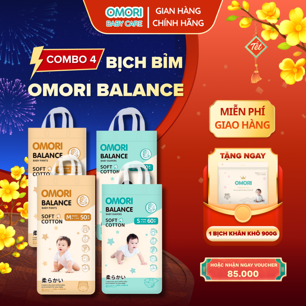 Combo 4 Bịch Tã/Bỉm Dán, Quần OMORI BALANCE Mỏng Nhẹ Thấm Hút Cho Bé