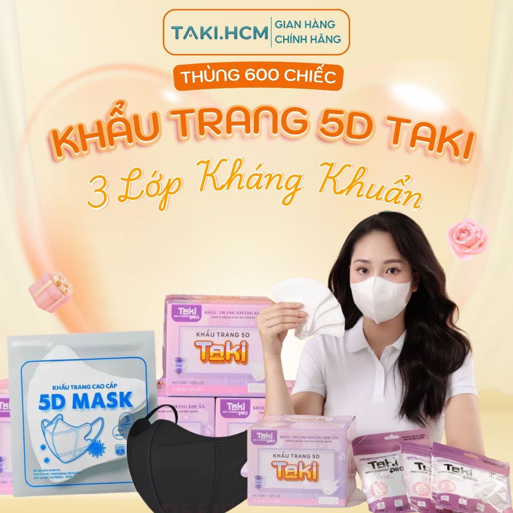 Combo 600 chiếc khẩu trang 5D TAKI khẩu trang chống tia uv  3 lớp cao cấp, kháng khuẩn, chống tia UV, dày dặn che kín