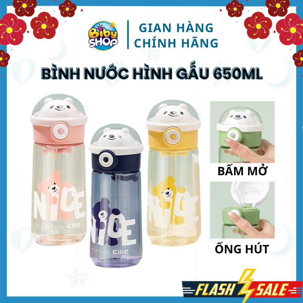 BÌNH NƯỚC CHO BÉ HÌNH GẤU BIBY, Bình nước nhựa dễ thương cho bé 650ML 9079