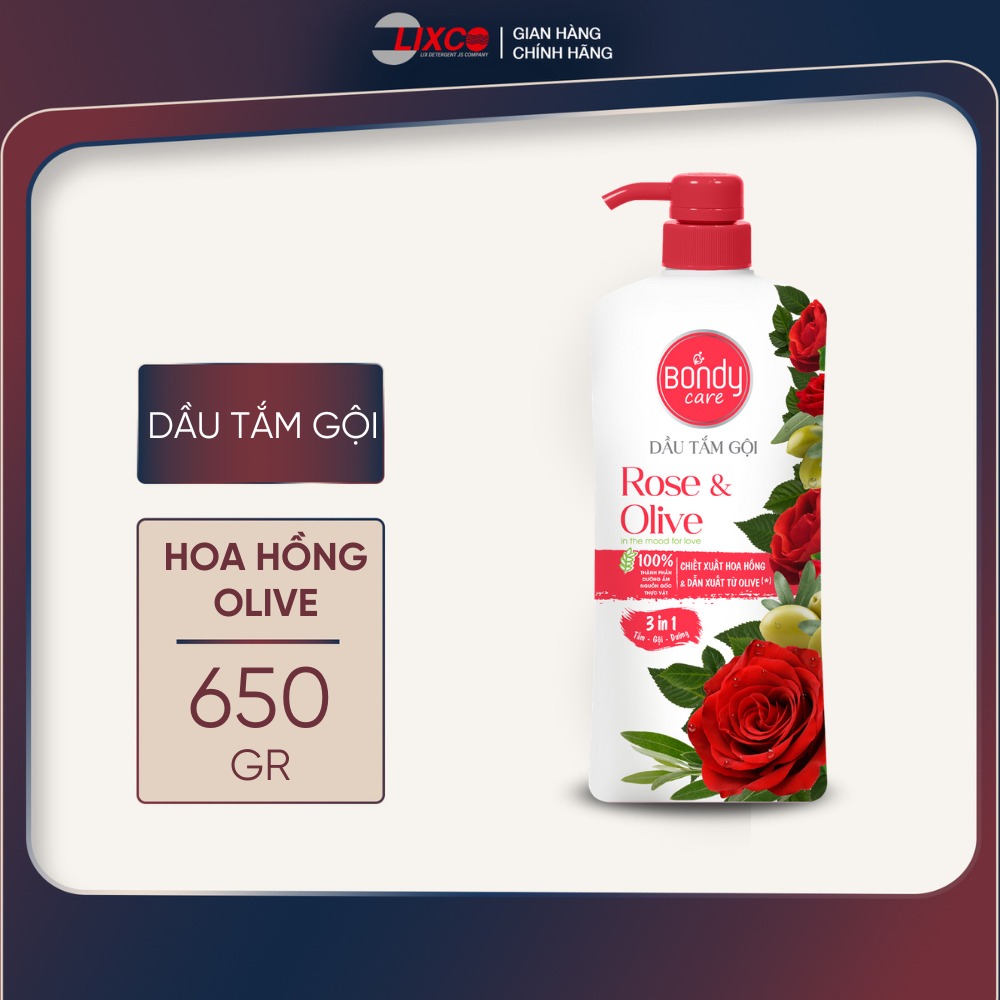 Dầu tắm gội Bondy Care 3in1 chai 650 Tắm - Gội - Dưỡng Hương Hoa hồng và Olive, Lixco Việt Nam