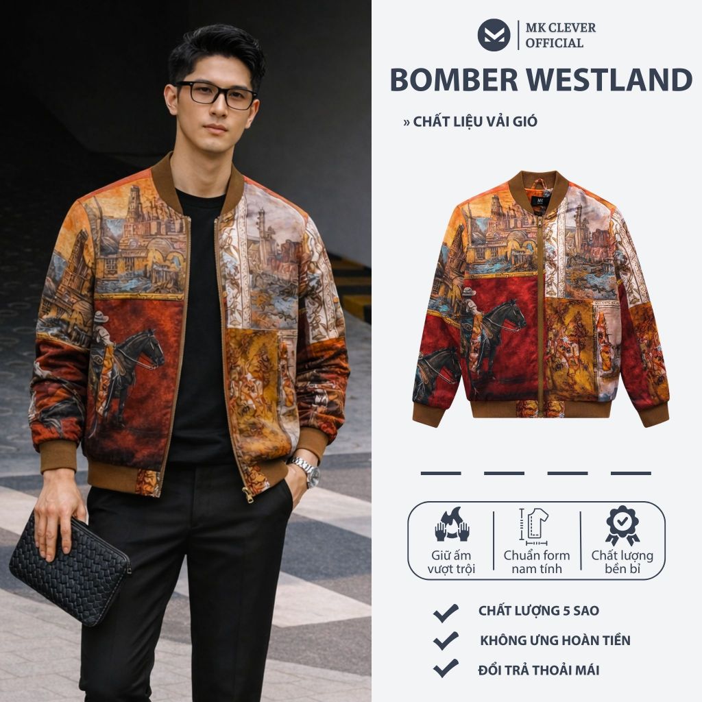 Áo khoác bomber nam Westland MK CLEVER chất liệu vải gió trần bông dày dặn, giữ ấm tốt, trẻ trung