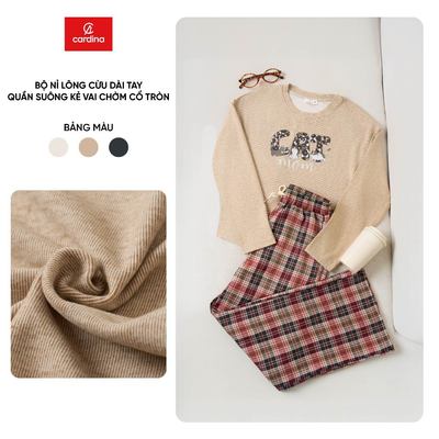 Đồ bộ nữ CARDINA chất nỉ lông cừu dài tay quần suông kẻ vai chờm cổ tròn 5BTD03