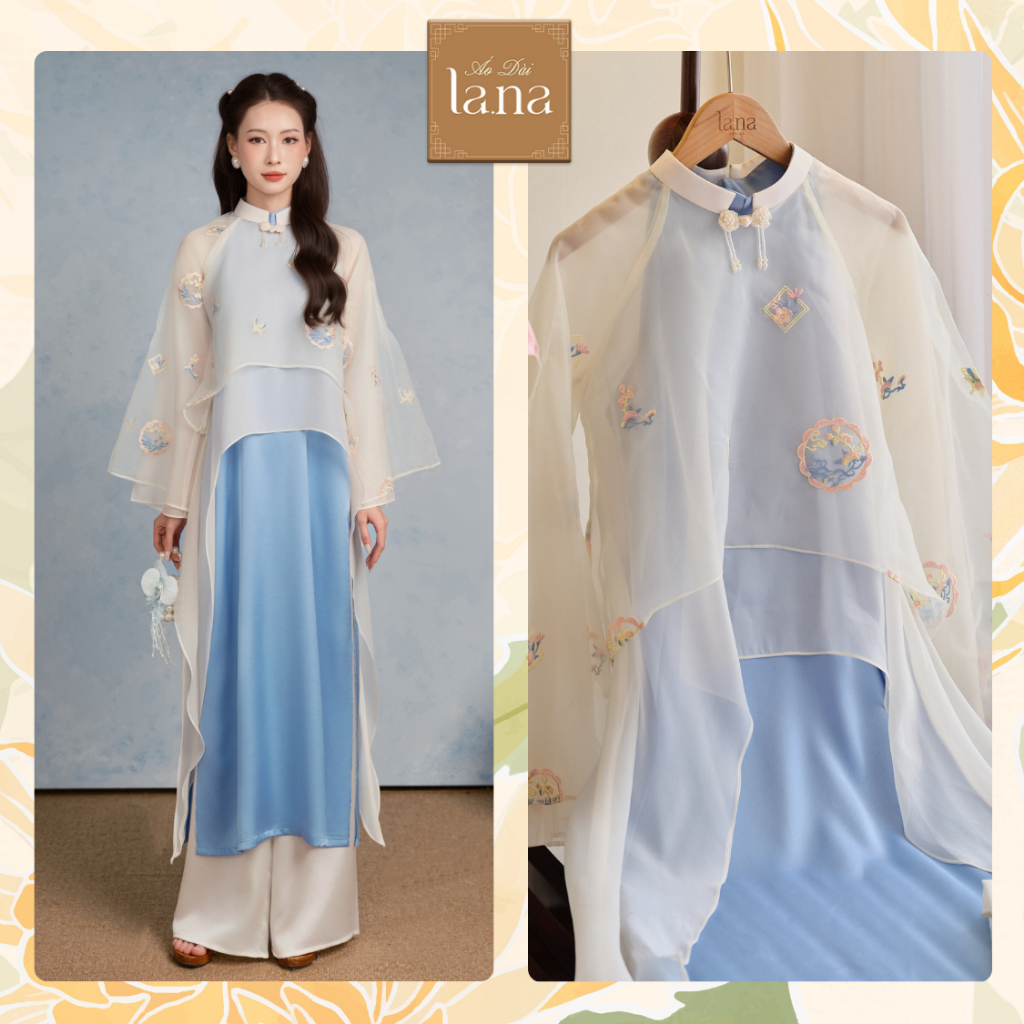 Set áo dài Trân Sắc cách tân tơ tằm thêu hoa nổi cao cấp mặc hai kiểu, khoác bèo yếm lụa satin – SD4