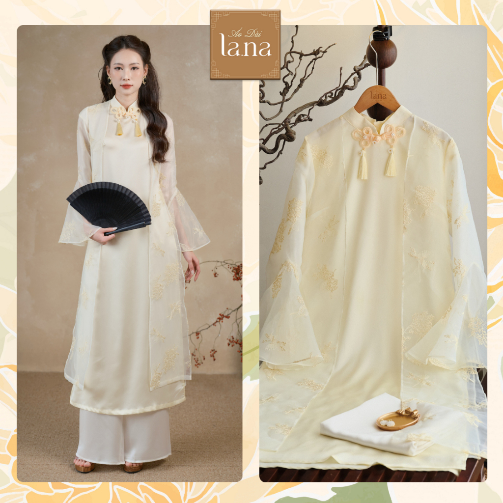 Set áo dài Tết cách tân Thục Huệ lụa mềm phối choàng tơ mịn hoạ tiết thêu vàng nhạt tinh tế  – SD439