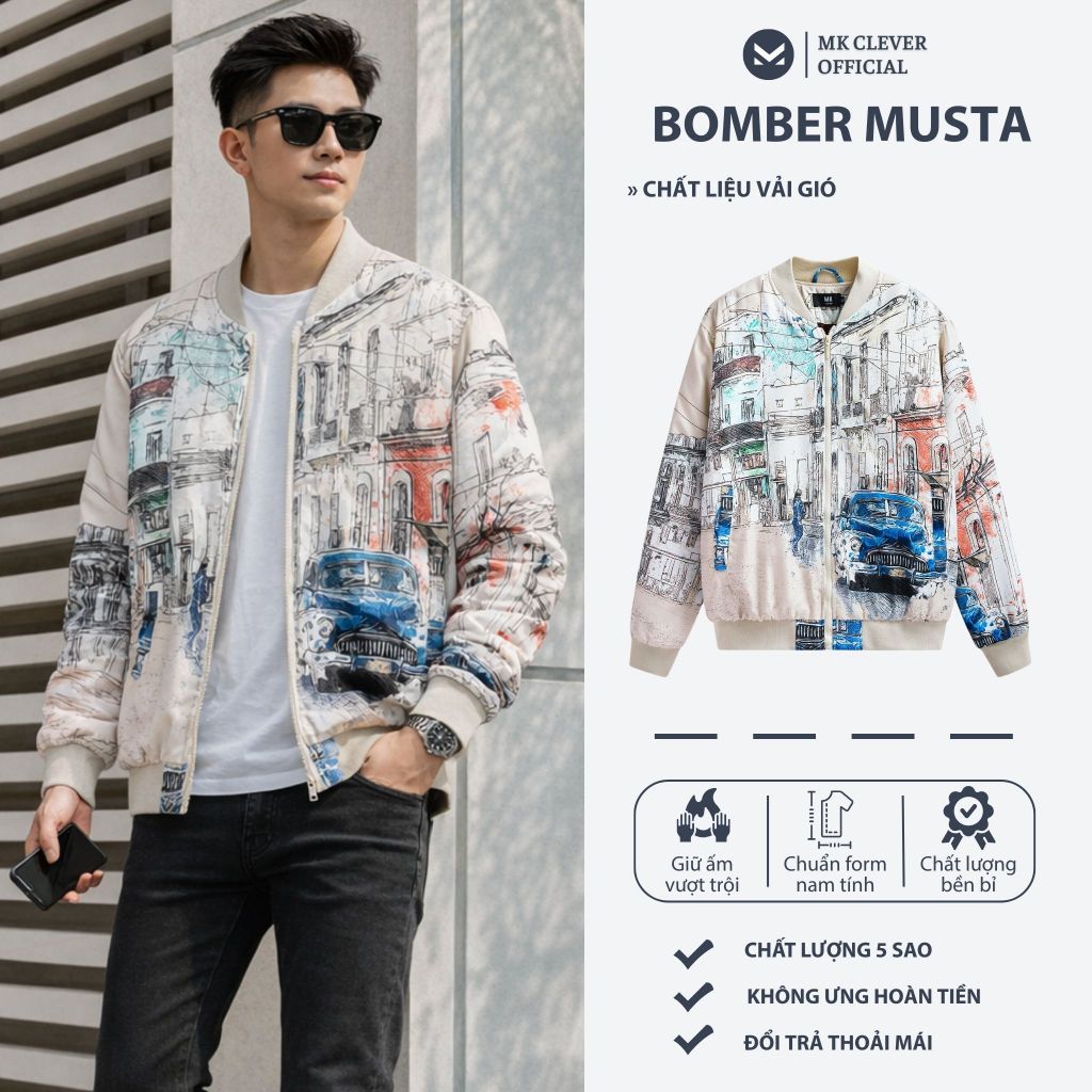 Áo khoác bomber nam Musta MKCLEVER Chất liệu vải Gió trần bông, chống nước cản gió tốt, dày dặn, pho