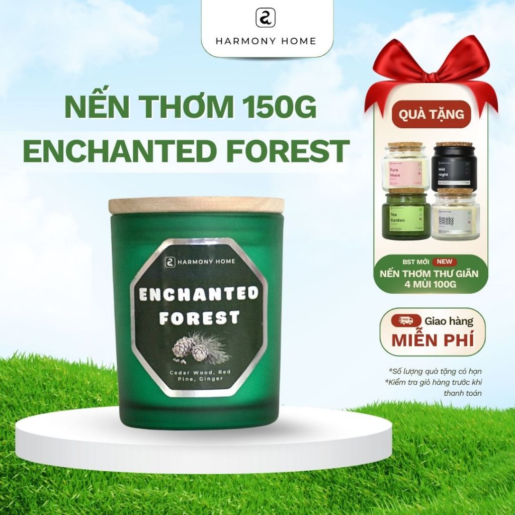 Nến Thơm Cao Cấp Enchanted Forest [A] Harmony Home - Hương Gỗ Tuyết Tùng, Thông Đỏ, Gừng150g Sáp Tự 