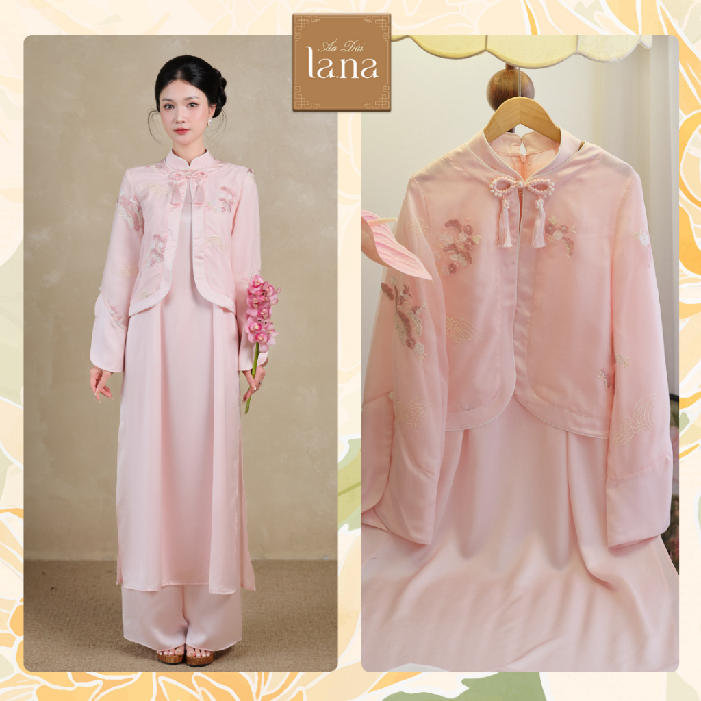 Áo dài cách tân Minh Châu hồng tơ mềm hoa nổi mặc hai kiểu áo khoác croptop và yếm lụa mềm mịn - SD4