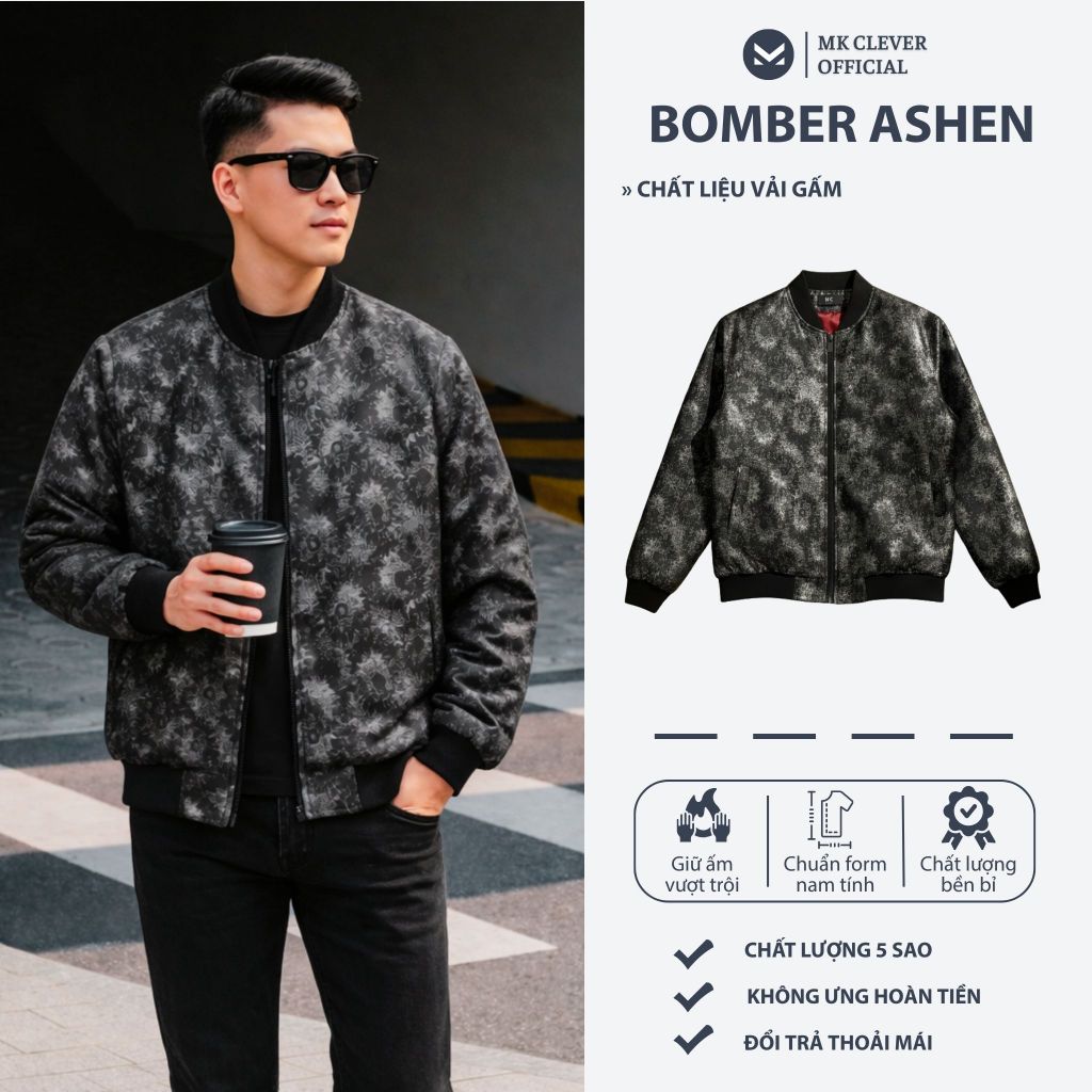 Áo Khoác Nam Bomber Ashen MK CLEVER vải gấm hoạ tiết thêu tỉ mỉ, trần bông dày dặn, lên dáng trẻ tru
