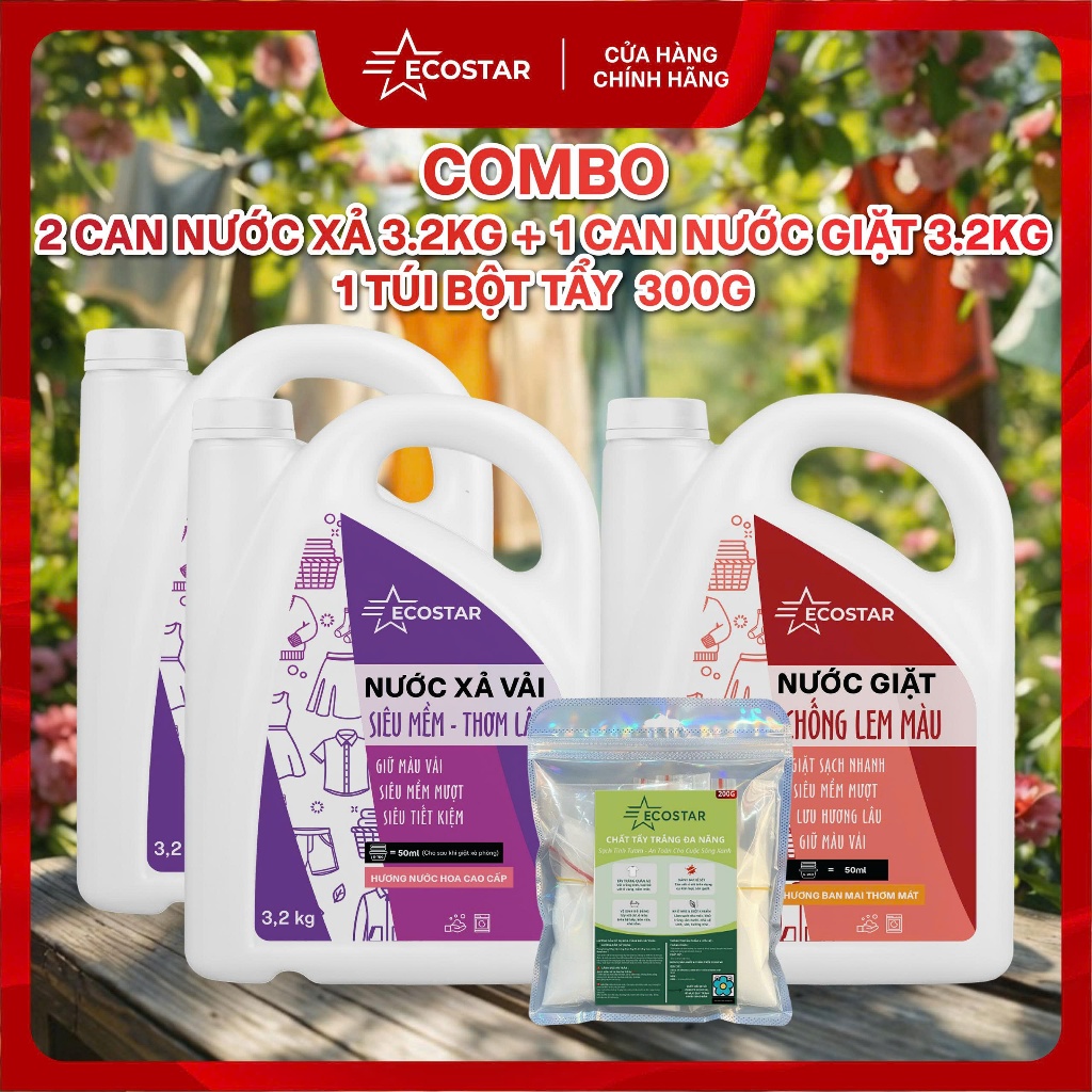 Combo: 2 Can Nước Xả Siêu Mềm Thơm Lâu Ecostar, Nước Giặt Chống Lem Màu, Bột Tẩy Đa Năng 300g