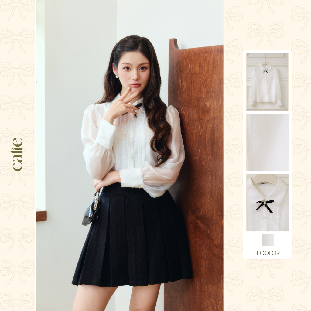 (True Bliss) Áo sơ mi cổ sen nơ đen, bấu li thân trên mềm mướt thanh lịch dễ phối đồ thời trang Cali