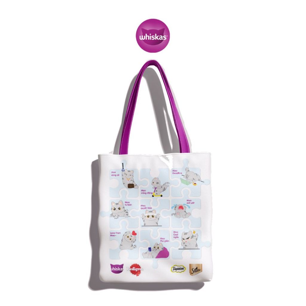 [Quà tặng không bán] Túi canvas WHISKAS khóa kéo hình thú cưng - mẫu ngẫu nhiên