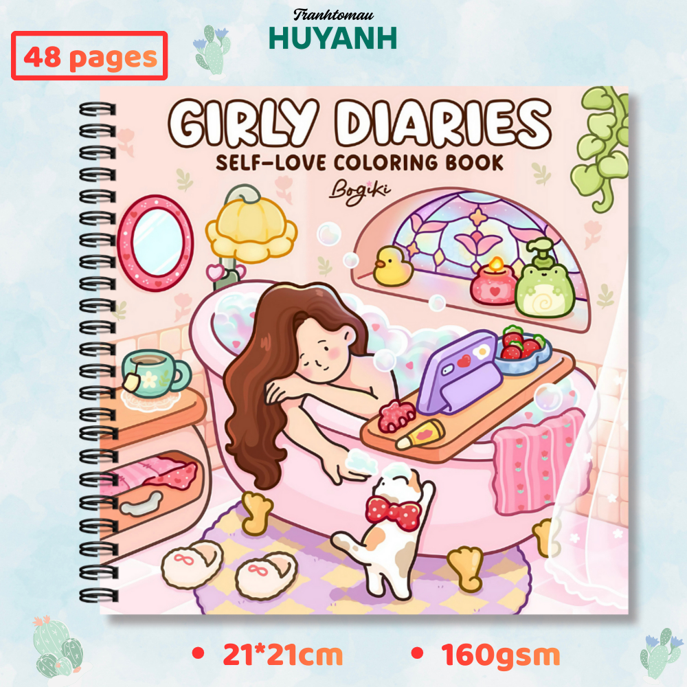 Girly Diraies- Bộ Tranh Tô Màu Cô Gái, Quyển 48 Tranh, giấy dày 160gsm, Tranh Tô Màu Cho Người Lớn V