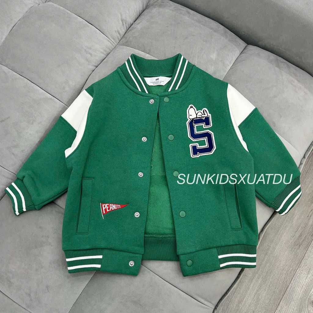 (HÀNG XUẤT XỊN) Áo bomber nỉ bông bé trai xanh lá phối viền trắng chữ S