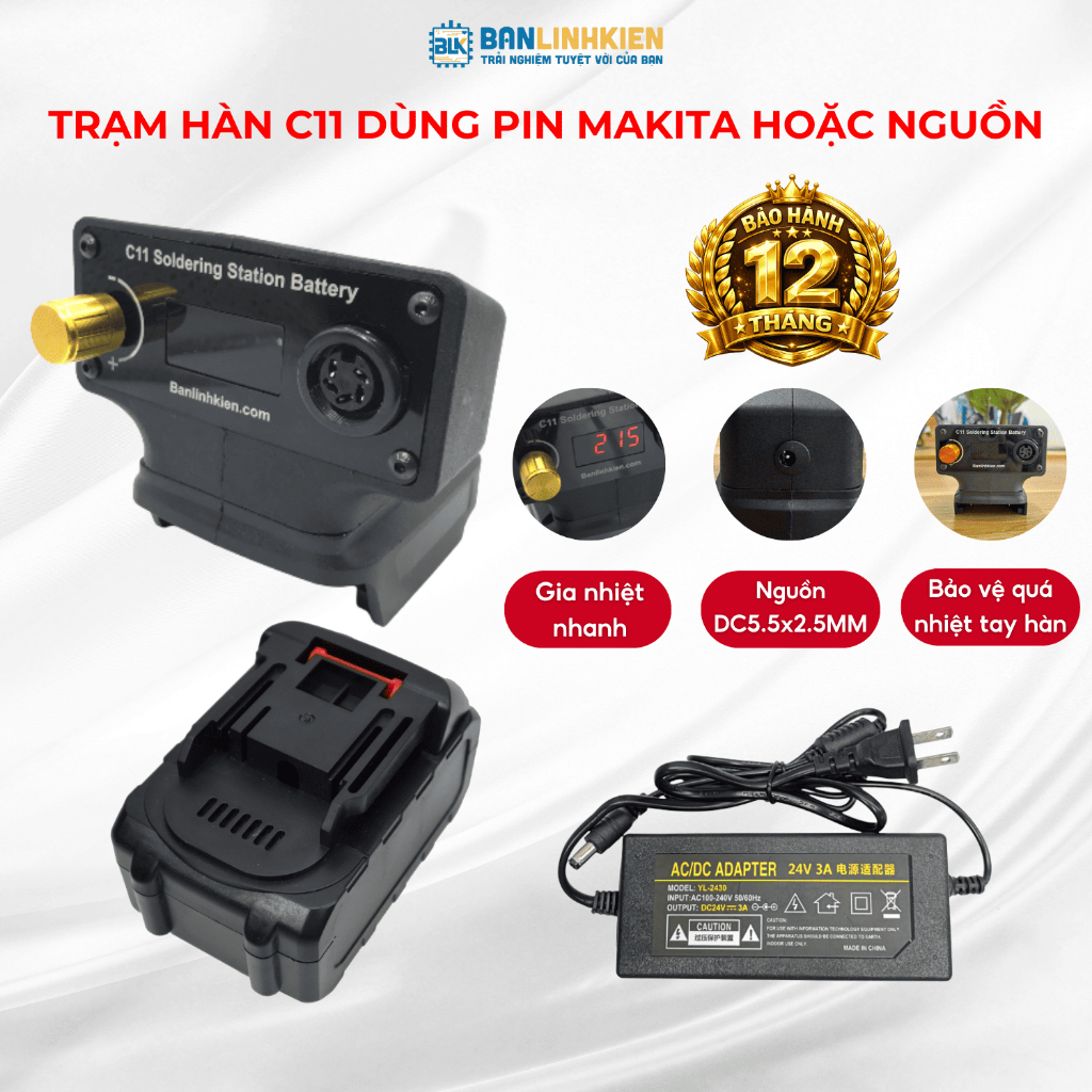 Trạm hàn c11 kèm đế pin có thể dùng nguồn Banlinhkien bảo vệ tay hàn quá nhiệt, gia nhiệt nhanh bảo 