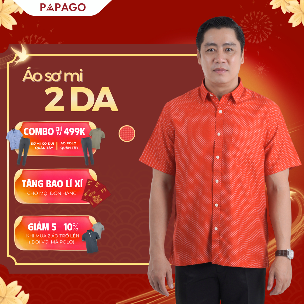 Áo Sơ Mi Nam Trung Niên PAPAGO Tay Ngắn Lai Ngang Màu Đỏ Họa Tiết Nhí - P23SNHT007