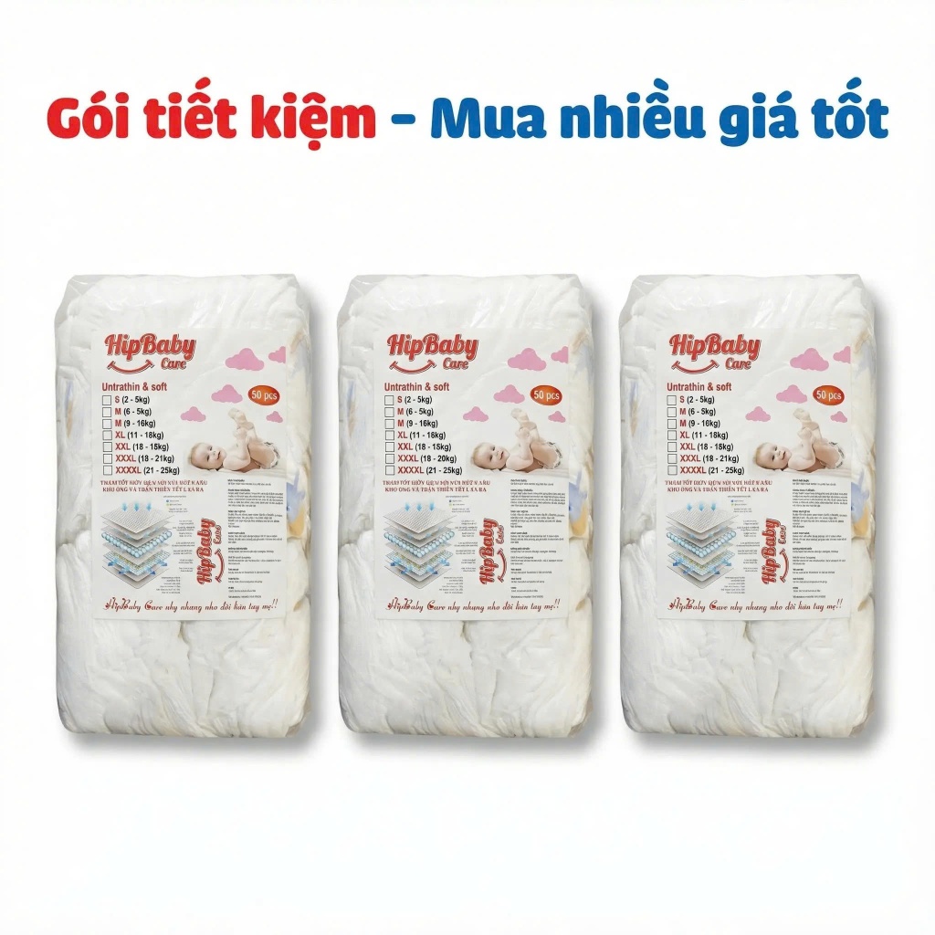 [150 miếng] - Bỉm quần Trẻ Em HipBaby Care - Siêu thấm hút, khô thoáng