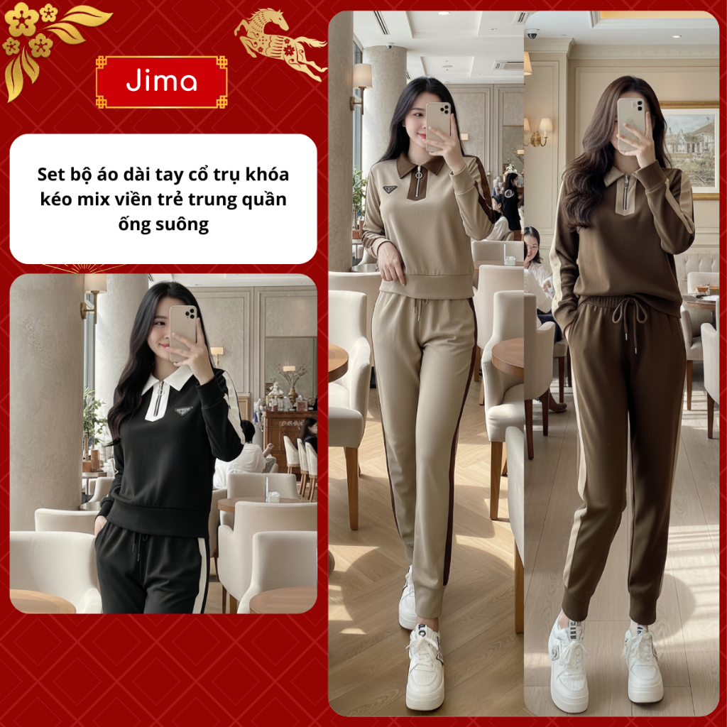 Jima Set Bộ Áo Dài Tay Cổ Trụ Khóa Kéo Mix Viền Trẻ Trung Kèm Quần Ống Suông Chất Tăm Thỏ Jima 165