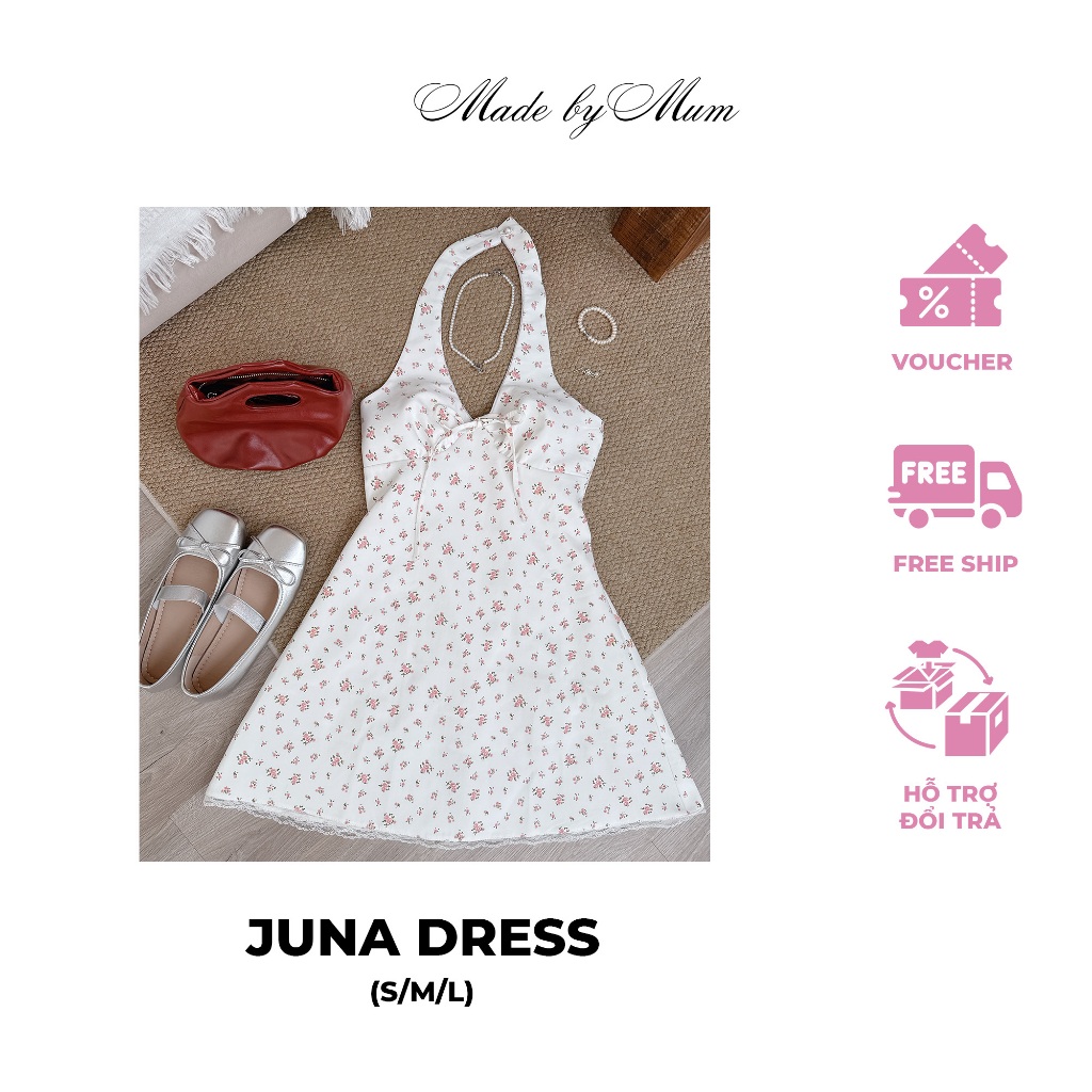 MADE BY MUM - Juna Dress  Đầm Hoa Nhí Cổ Yếm Phối Ren Dáng Xoè Dễ Thương Màu Trắng
