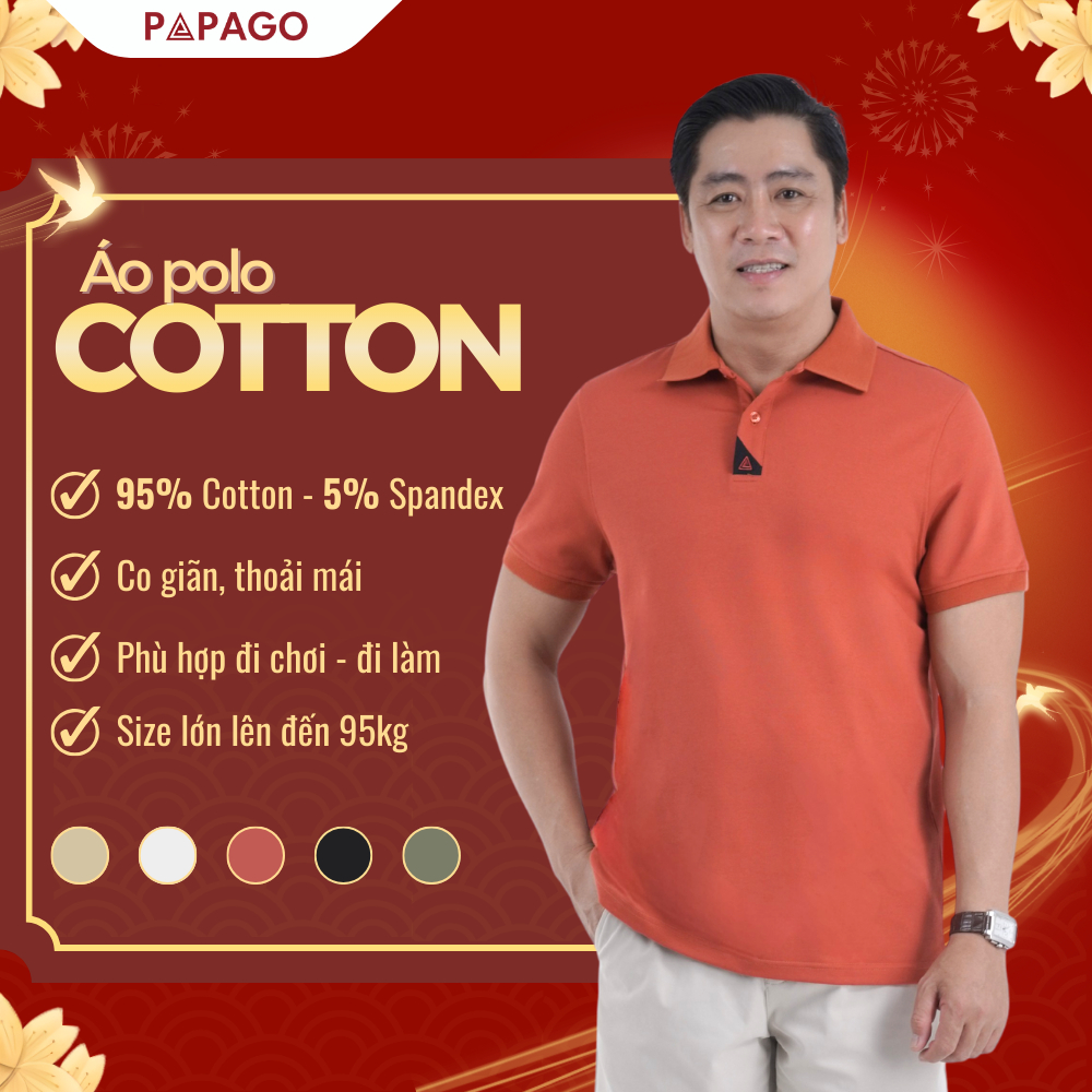 [MỚI] Áo Polo Nam Trung Niên PAPAGO Vải Cotton Kim Cương Form Rộng Thêu Logo Trụ Áo - P25PLCT004