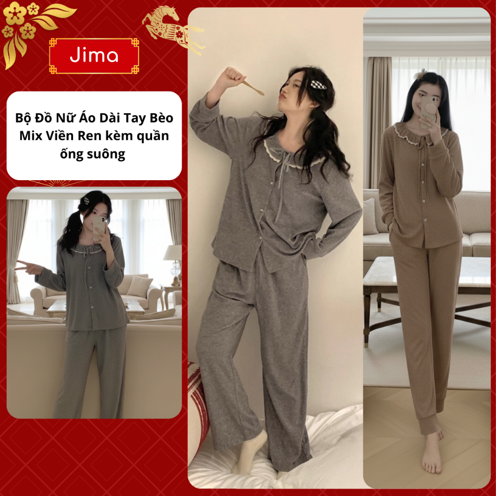 Jima Bộ Đồ Nữ Áo Dài Tay Bèo Mix Viền Ren Kèm Quần Ống Suông Chất Tăm Thỏ Jima 166 Kiểu Tôn Dáng Che