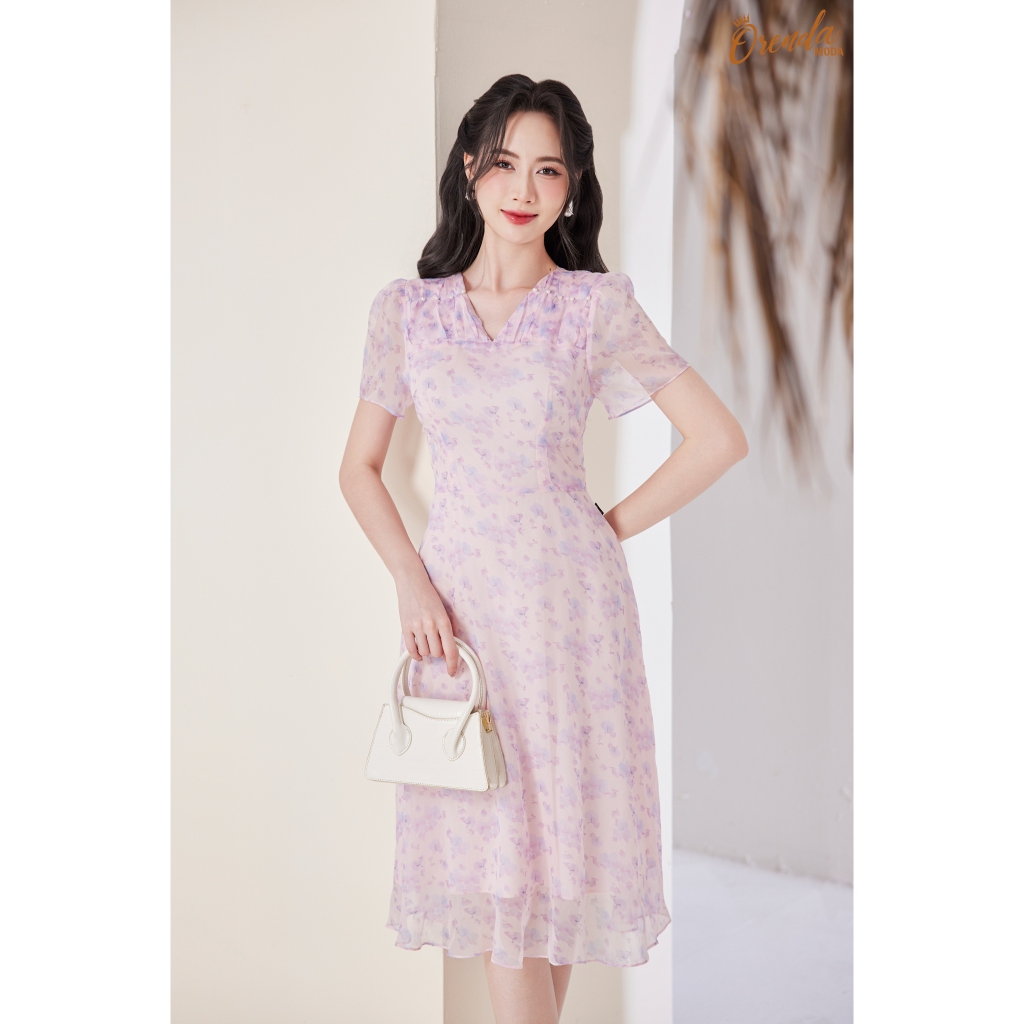 ORENDA MODA - Đầm tơ hoa cổ V dúm kiểu