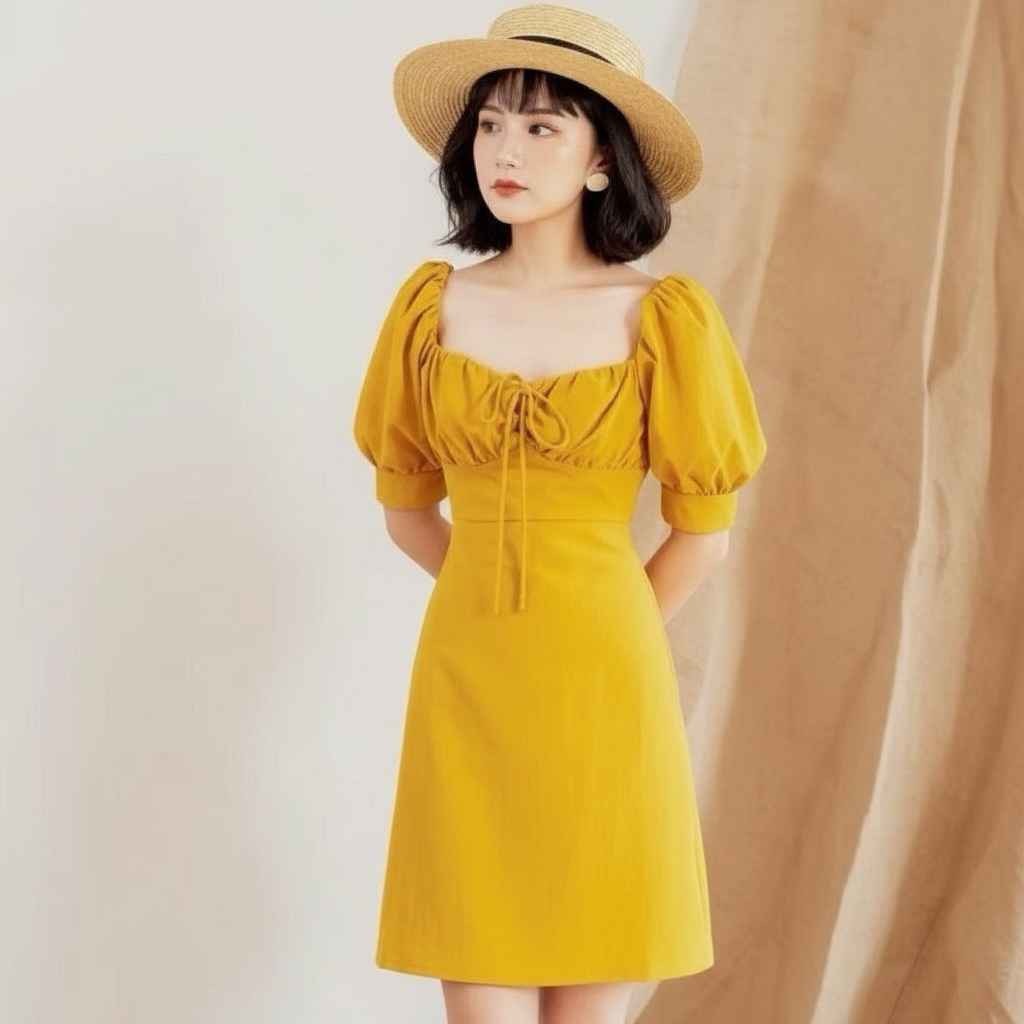 Đầm vàng cổ vuông nhúng ngực dáng ngắn mặc đi chơi dạo phố (kèm hình thật)